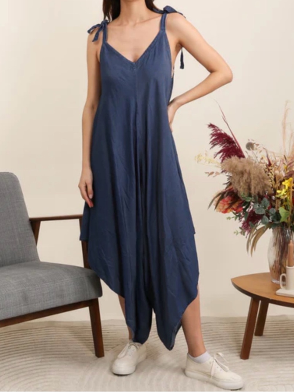 Unbranded Soft Denim Navy Tie-Shoulder V-Neck Harem Leg Jumpsuit S-M